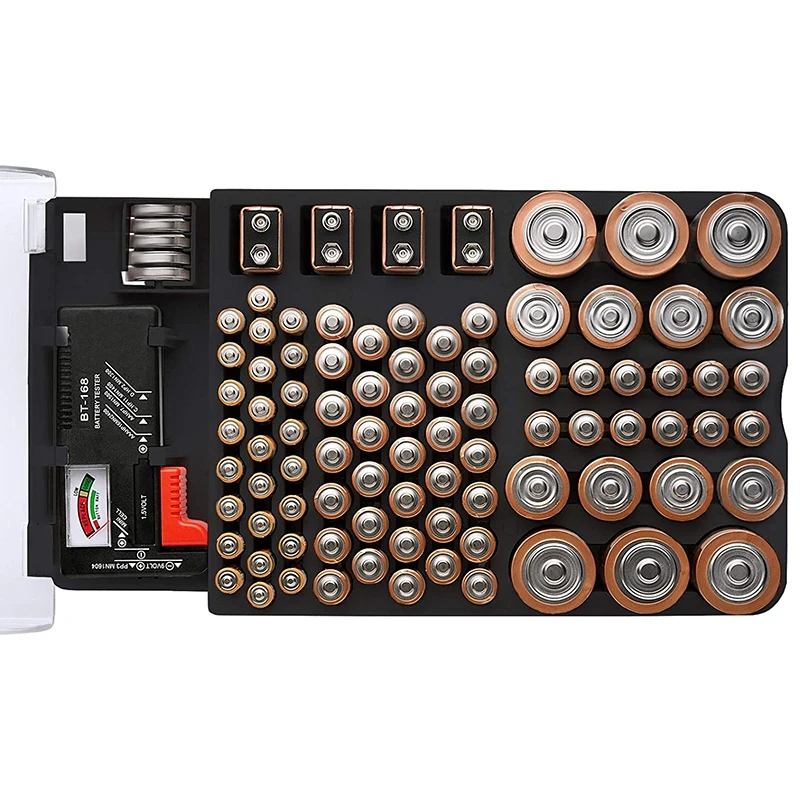 Battery Organizer Case with Clear Hinged Cover and Built-In Tester - Holds 93 Assorted Batteries