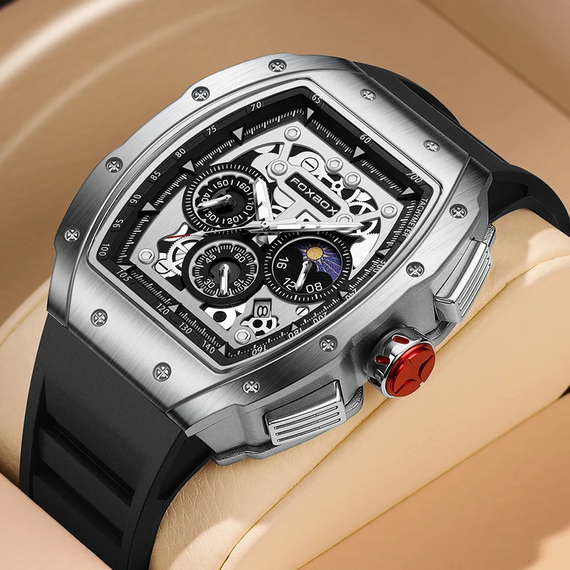 LIGE New Men Watch Rectangle Quartz Wristwatch Gold Skeleton Retro