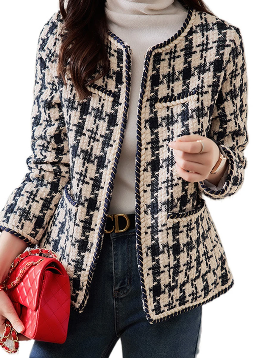 

Plaid Pockets Woolen Coats Long Sleeve Round Neck Coat Vintage Fashion Streetwear Cozy Autumn Winter 2023 New Outewear