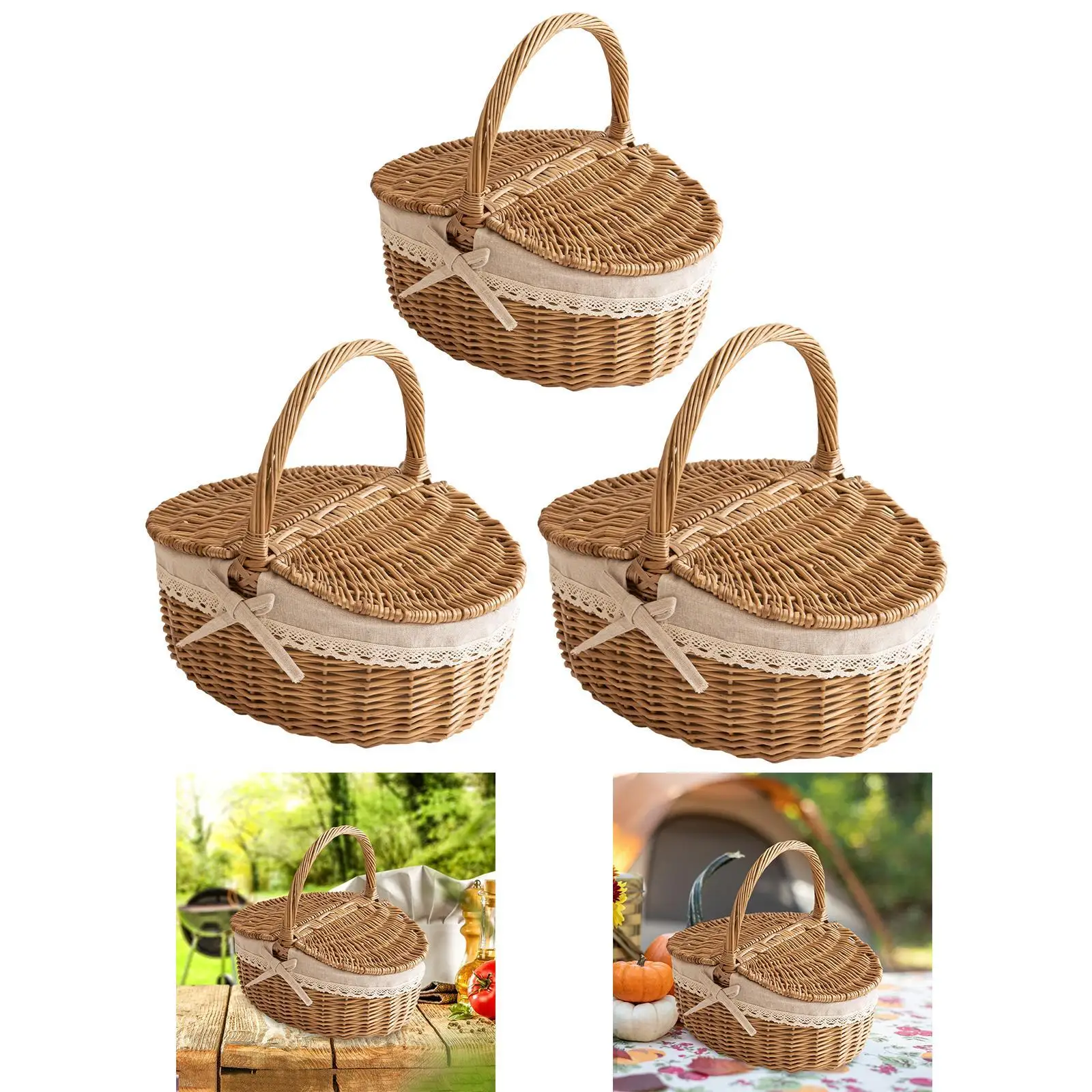 Picnic Basket, Wicker Basket, Sturdy Woven Body with Removable Liner, Outdoor Camping Basket for Birthday, Gift Basket for 3