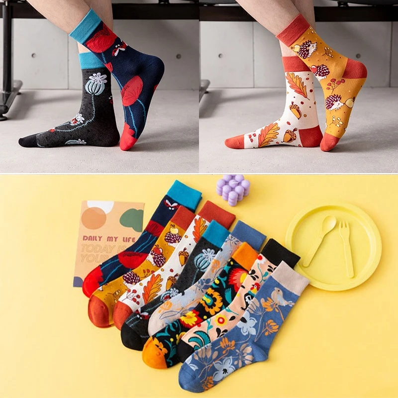 New AB feet flower and bird pattern mid-tube casual socks men's trendy socks plus size socks