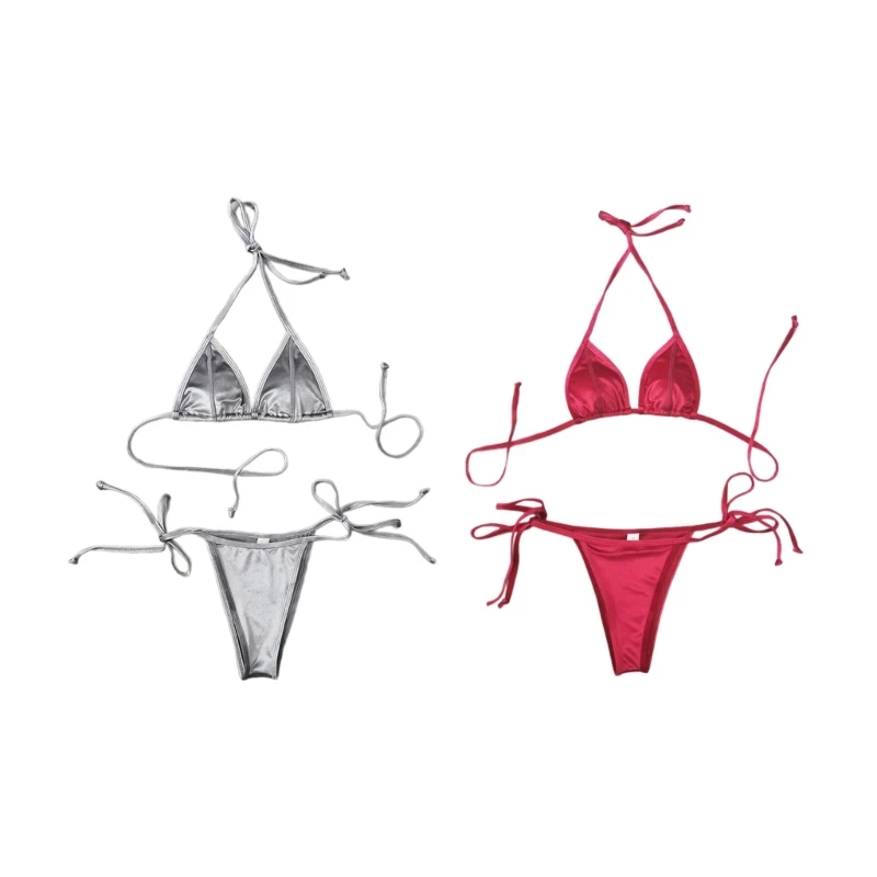 

Womens 2Pieces Soft Bag High Cut Swimsuit Set Sexy Lacing up Bathing Suit Set Thong Beachwears Solid Strappy Swimwears
