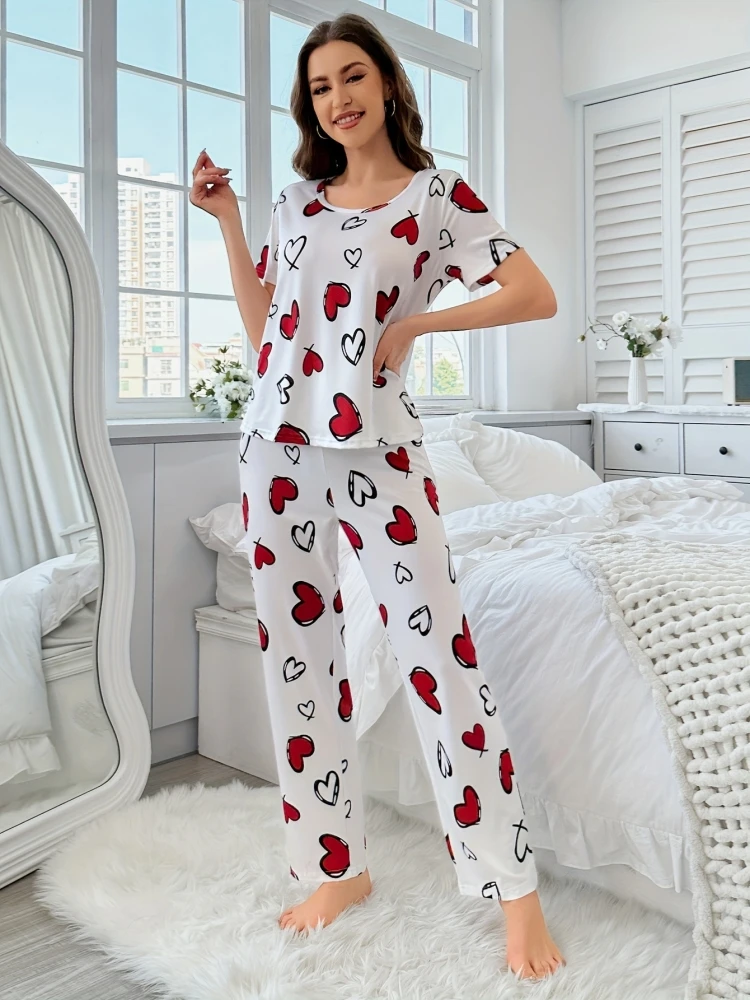 Spring Summer Women's Thin Pajamas Round Neck Short Sleeve Top Pants Casual Home Clothing Set Fashion Love Printed Sleepwear