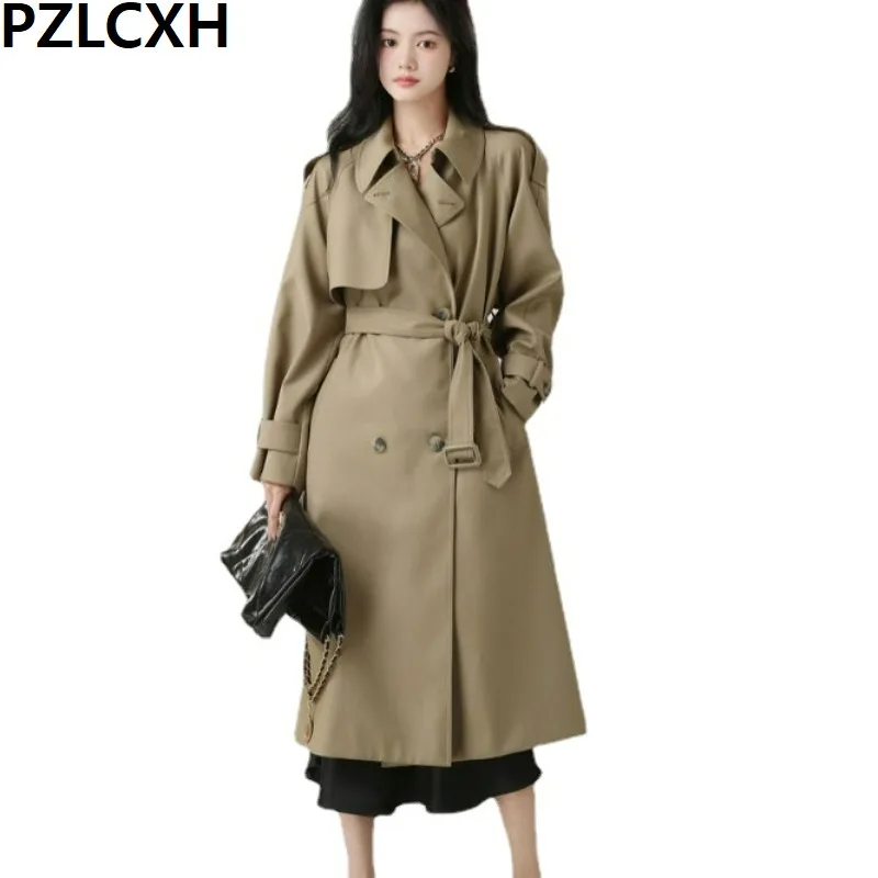 Loose Office OL Fashion Khaki Long Trench Coat Female 2023 Spring Autumn New British Style Double Breasted Lace-up Coat