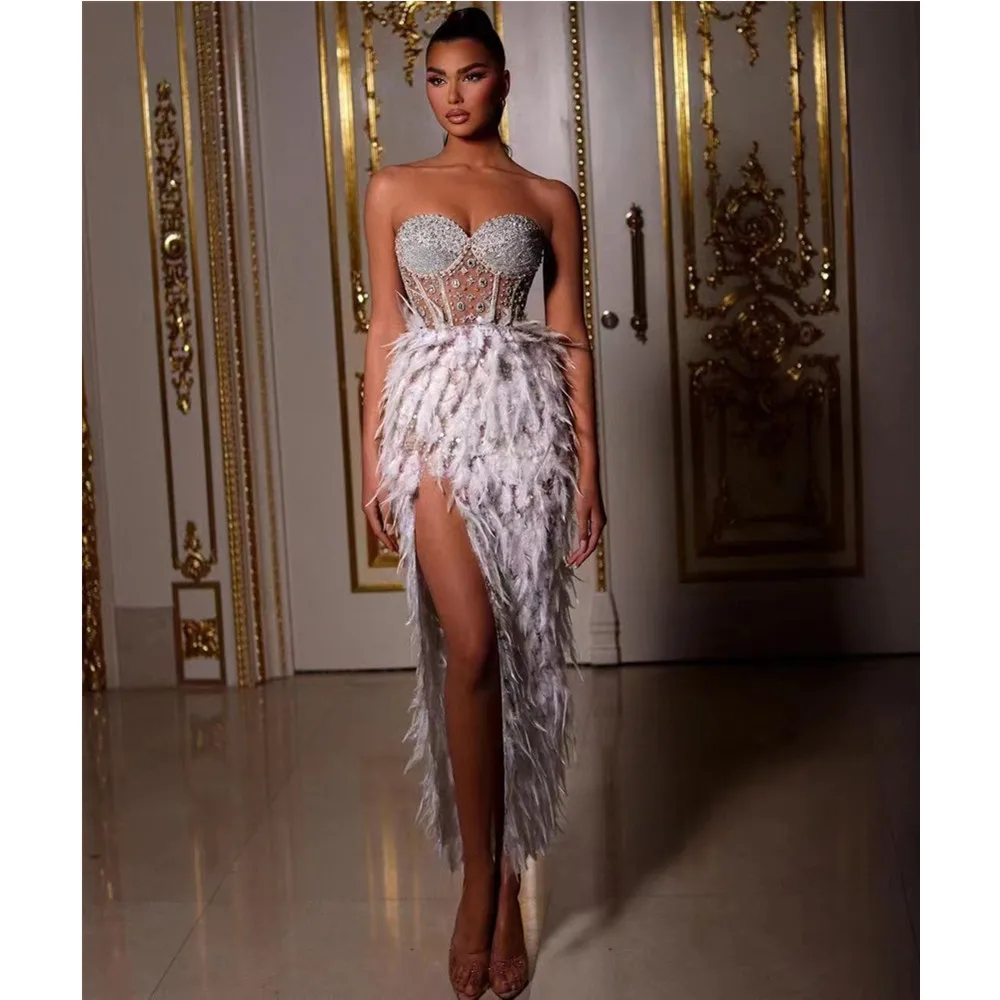 

Fashionable Party Strapless Beaded Feather Exposed Leg Long Dress, Banquet