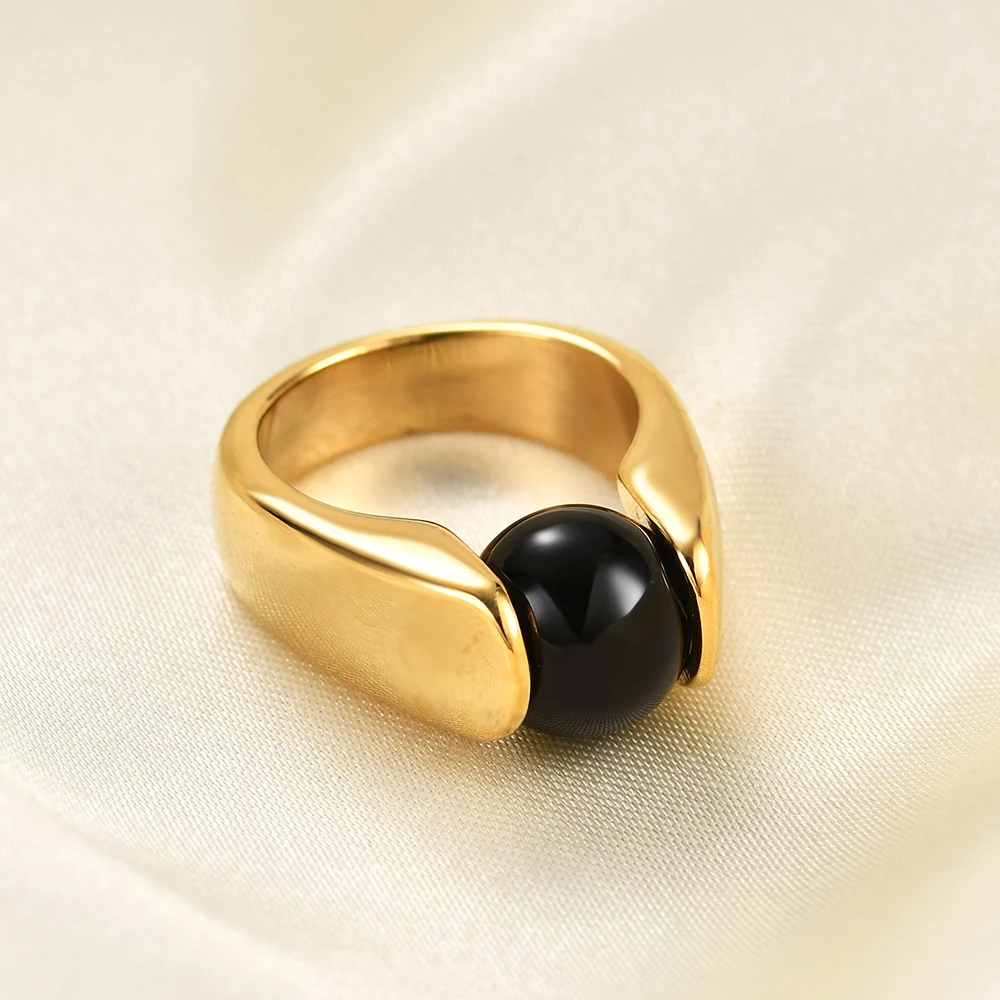Fashion Colorful Opal Ring Women Quality Stainless Steel Ring Round Black White Cat's Eye Stone Wedding