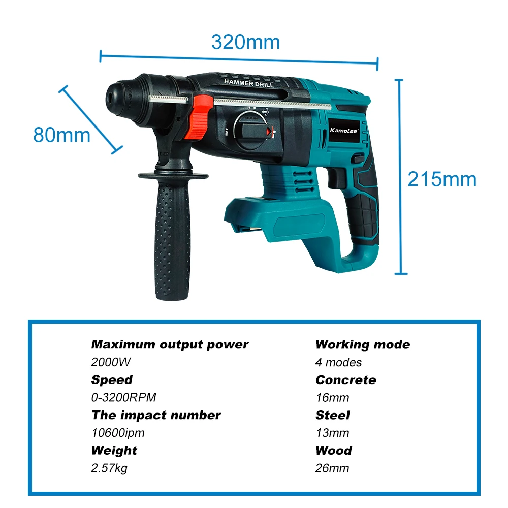 Kamolee 2000W Brushless Cordless Rotary Hammer Drill 10600IPM Rechargeable Electric Hammer Impact Drill For Makita Battery