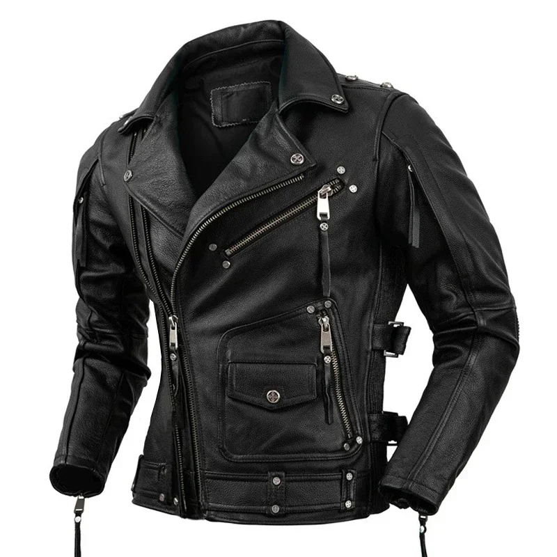 Motorcycle Cowhide Genuine Leather Jacket Men Slim Stone Milled