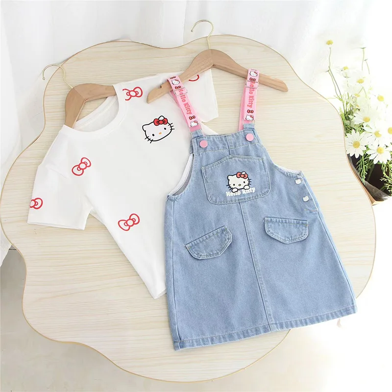 

Kawaii Sanrio Hello Kitty Slip Dress Girls Anime Denim Dress Cartoon Print Casual Kids Suspender Skirt Summer Dress Girls Gift