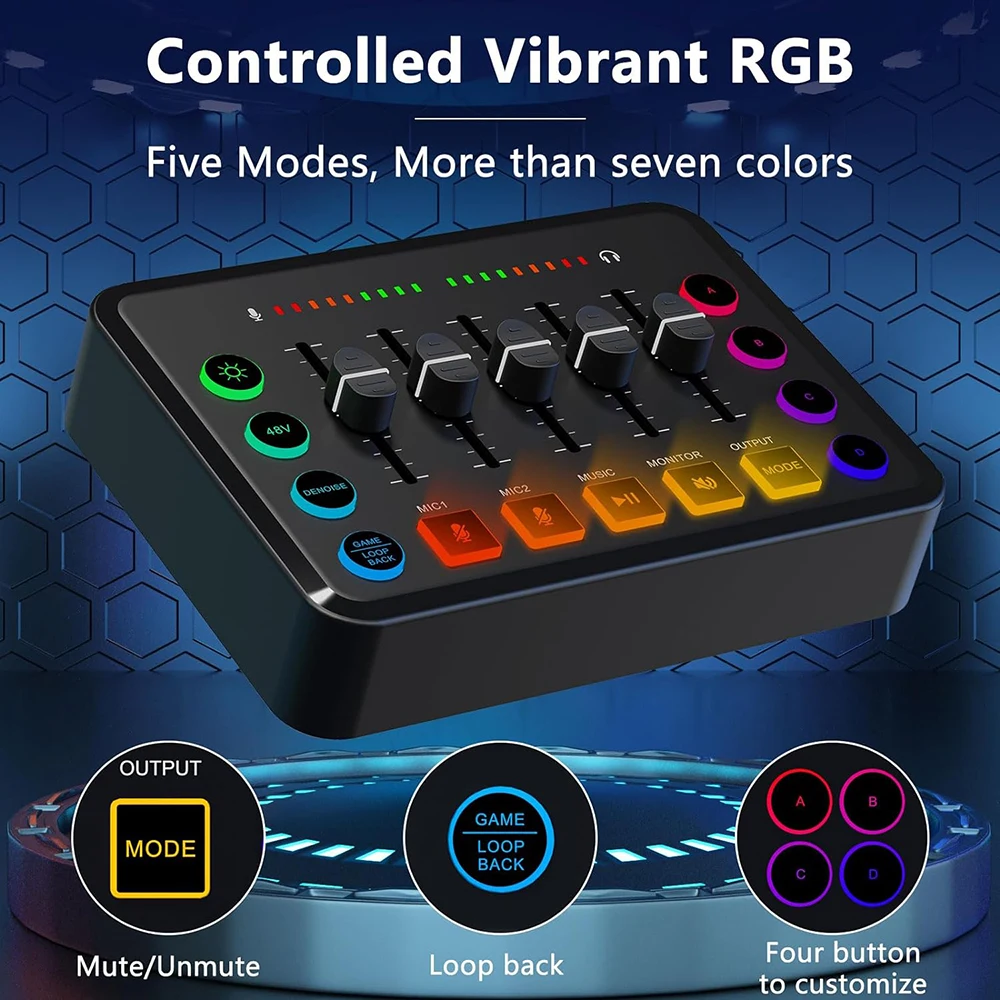 Gaming Audio Mixer Rechargeable Audio Interface RGB Mixer With XLR Microphone Interface 48V Phantom Power For Podcast/Recording