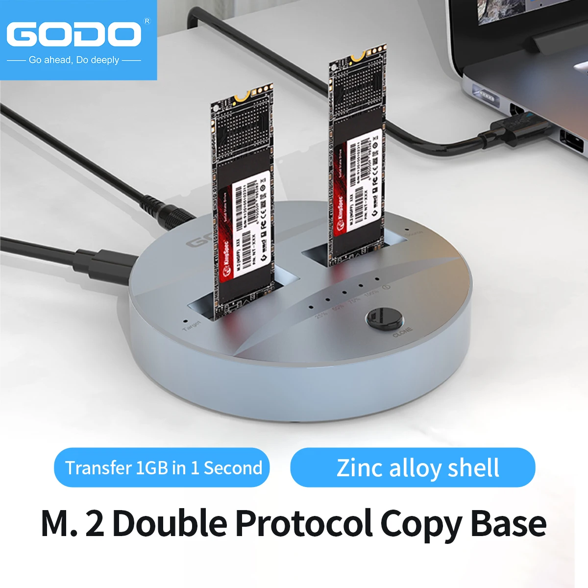 HDD Docking Station GODO NVMe/SATA M.2 Duplicator Dual-Bay Offline Clone USB C to NVME/SATA Docking Station For M2 SSD M Key and B+M Key Hard Drives