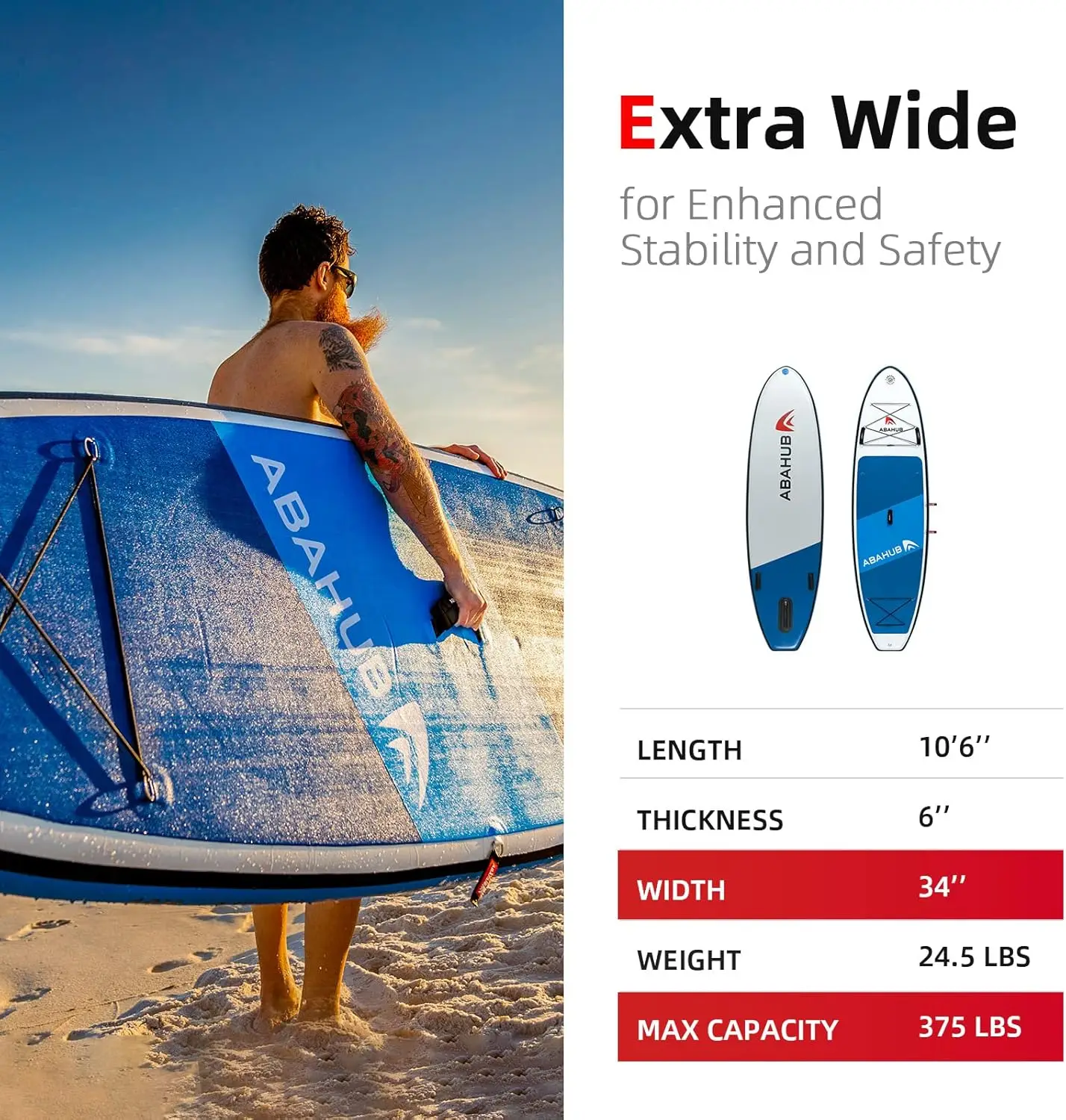 Inflatable SUP, Wide 10'6" x 31"/34" x 10'6" , Blue with Adjustable SUP Kayak Paddle, for Yoga, P