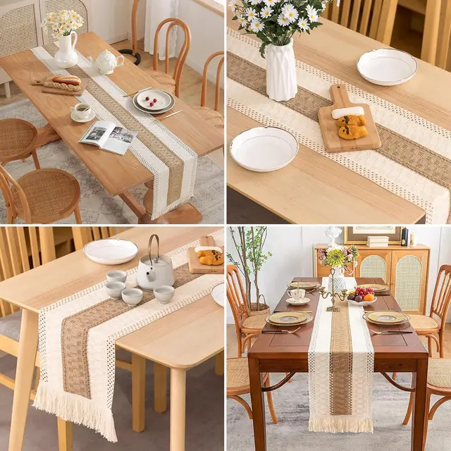 Boho Farmhouse Linen Table Runner–Rustic Macrame with Tassels, Burlap & Cotton Blend for Home Decor and Holiday Events 3