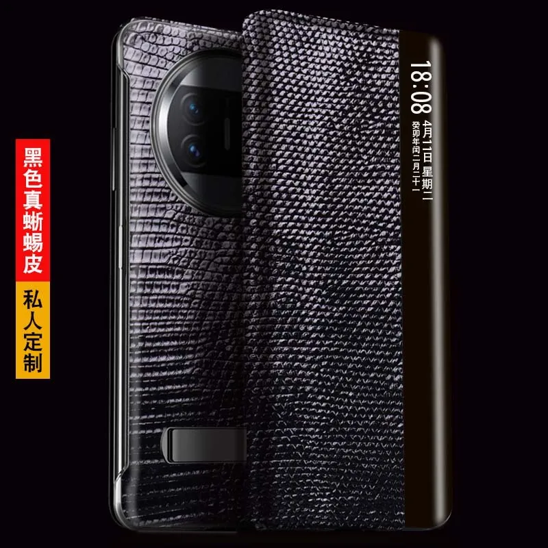 

Smart WIndow Lizard Genuine Leather Material Luxury Case for Huawei Mate X3 Case