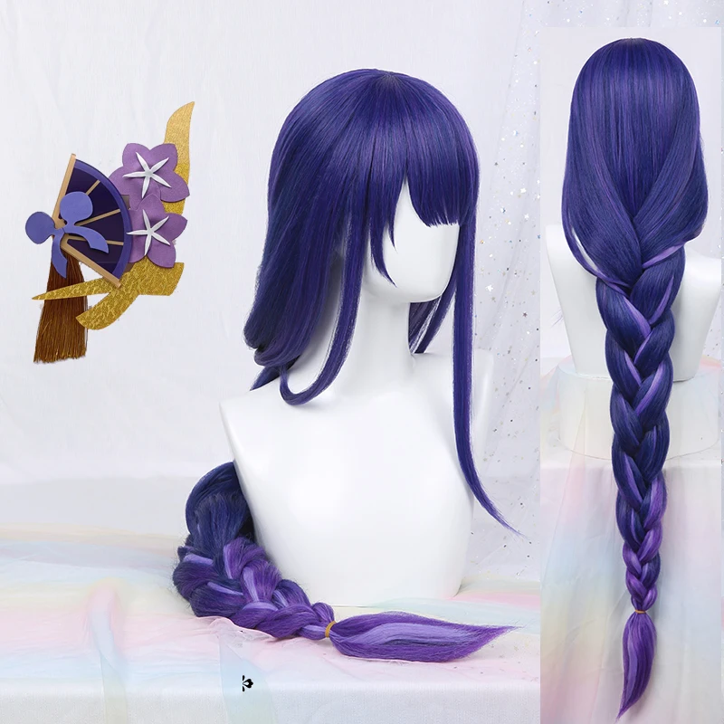 Genshin Impact Baal Cosplay Raiden Shogun Cosplay Wig 100cm Blue Purple Heat Resistant Synthetic Hair Anime Wigs + Wig Cap