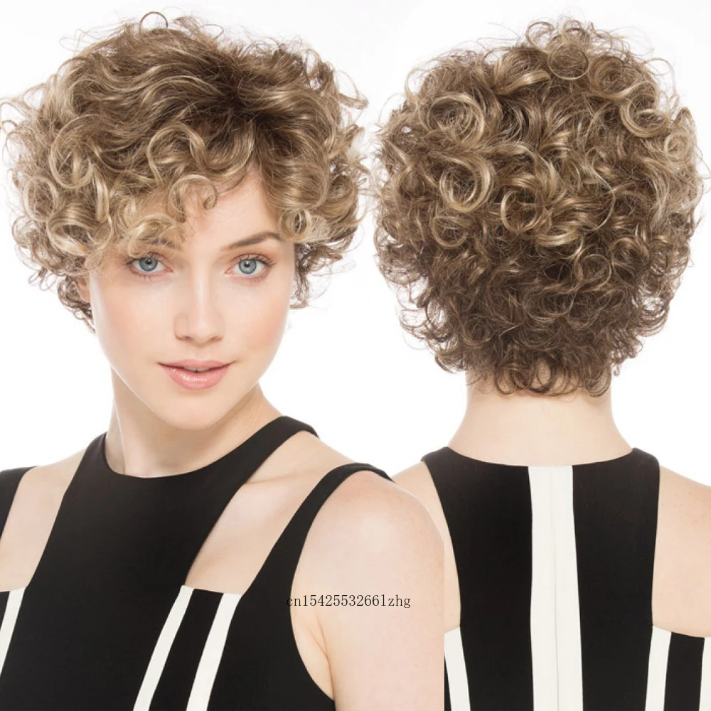 Parrucche sintetiche per donna Parrucca bionda mista di capelli corti ricci con frangia Acconciatura naturale Parrucca per mamma Parrucche di ricambio per capelli da indossare ogni giorno - immagine 3