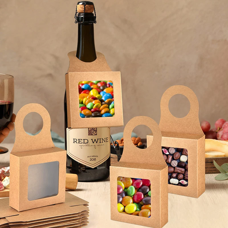30Pcs Kraft Paper Wine Bottle Gift Boxes with Transparent Window – Hanging Foldable Rec... - SKU PWBB2044 - UGI Packaging