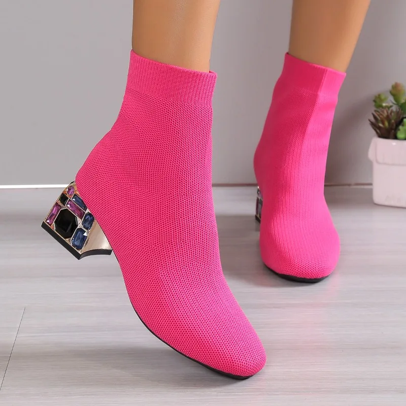 

Женские короткие сапоги на высоком каблуке, зимние дизайнерские сетчатые дышащие эластичные сапоги-чулки с квадратным носком, обувь на платформе без застежки, 2023