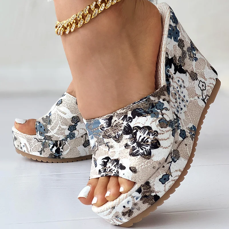 

Casual Shoes Daily Women Fashion Heeled-Sandals High Heel Vintage Floral Print Peep Toe Wedge Slippers