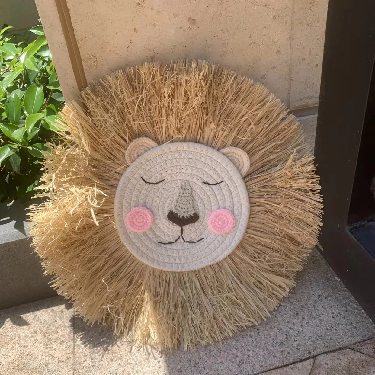 INS Nordic Handmade Lion Wall Decor Cotton Thread Straw Woven Animal Head Wall Hanging Ornament for Nursery Baby Room Decoration 3