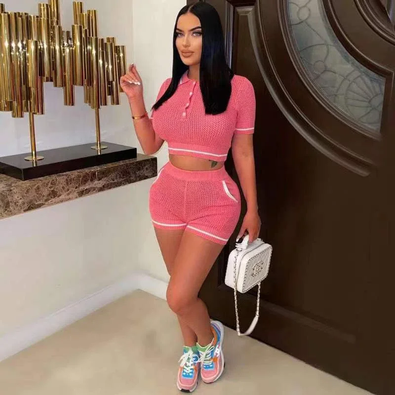 Patchwork Knitted Piece Sets Women Summer Tracksuits Polo-neck