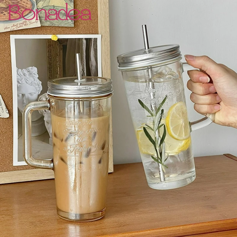 Large Capacity Straw Glass Cup Creative Straw Cup With Lid And Handle Portable Coffee Milk Cold Drink Drinkware Accessories drinking glass
