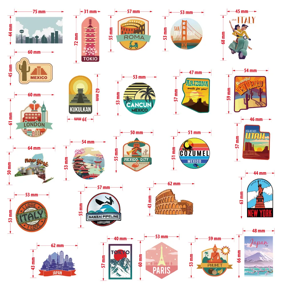 Vibrant Cityscape Travel Stickers - Creative DIY Decor Set (50 Pieces)