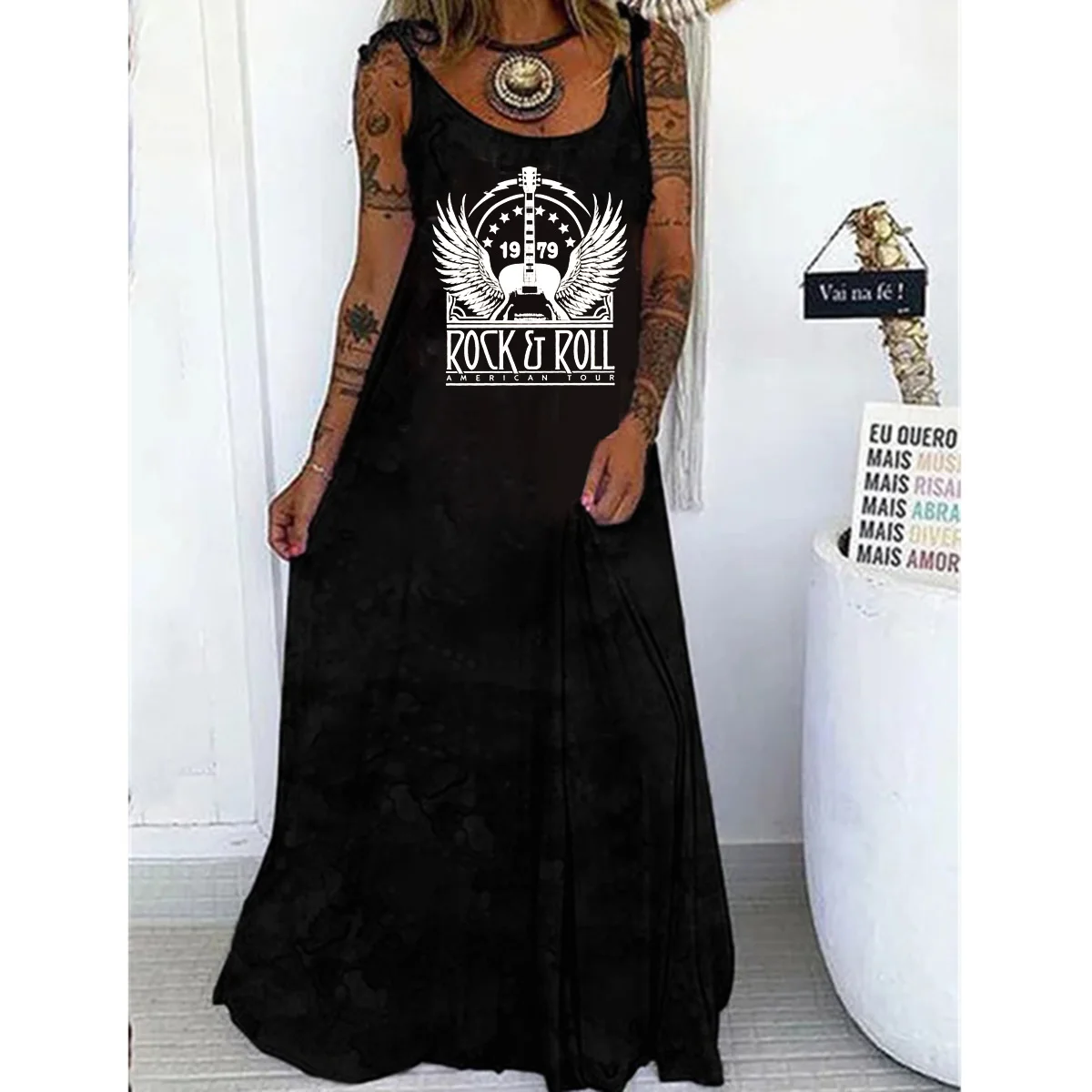 여성용 루즈핏 오버사이즈 캐주얼 록롤 프린트 V넥 스트랩, 섹시한 슬림핏 원피스, 여름 