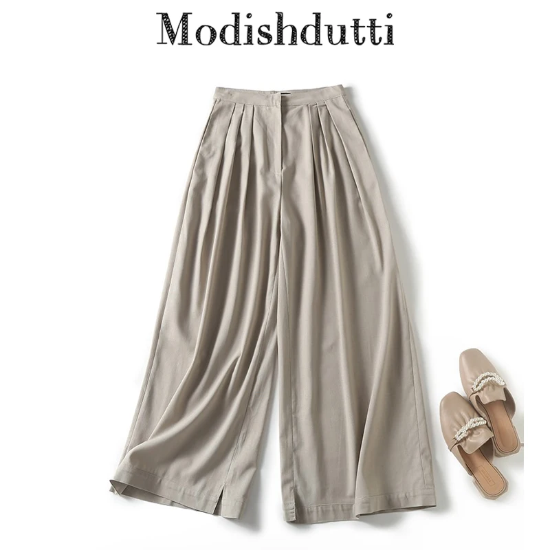 

Modishdutti 2024 Spring Summer High Quality Women Fashion Loose High Waist Wide Leg Pants Female Solid Casual Linen Trouser