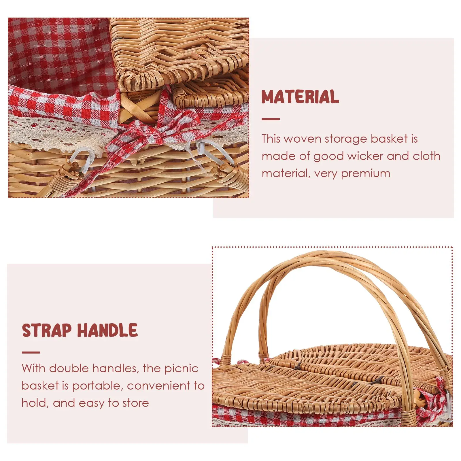 Rattan Picnic Basket 38x28x18cm Woven Handles Lid Storage Basket for Home Decor Gifts Outdoor Camping Vegetable Toy Storage 6