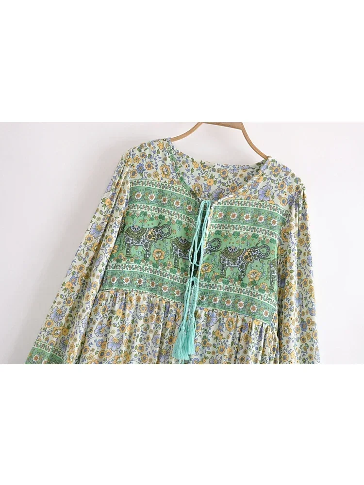 Boho Queens Women Elephant Green Floral Print Tie Neck Beach Bohemian Maxi  Dress Ladies Ethnic Rayon Cotton Boho Dresses Robe - AliExpress 200000345