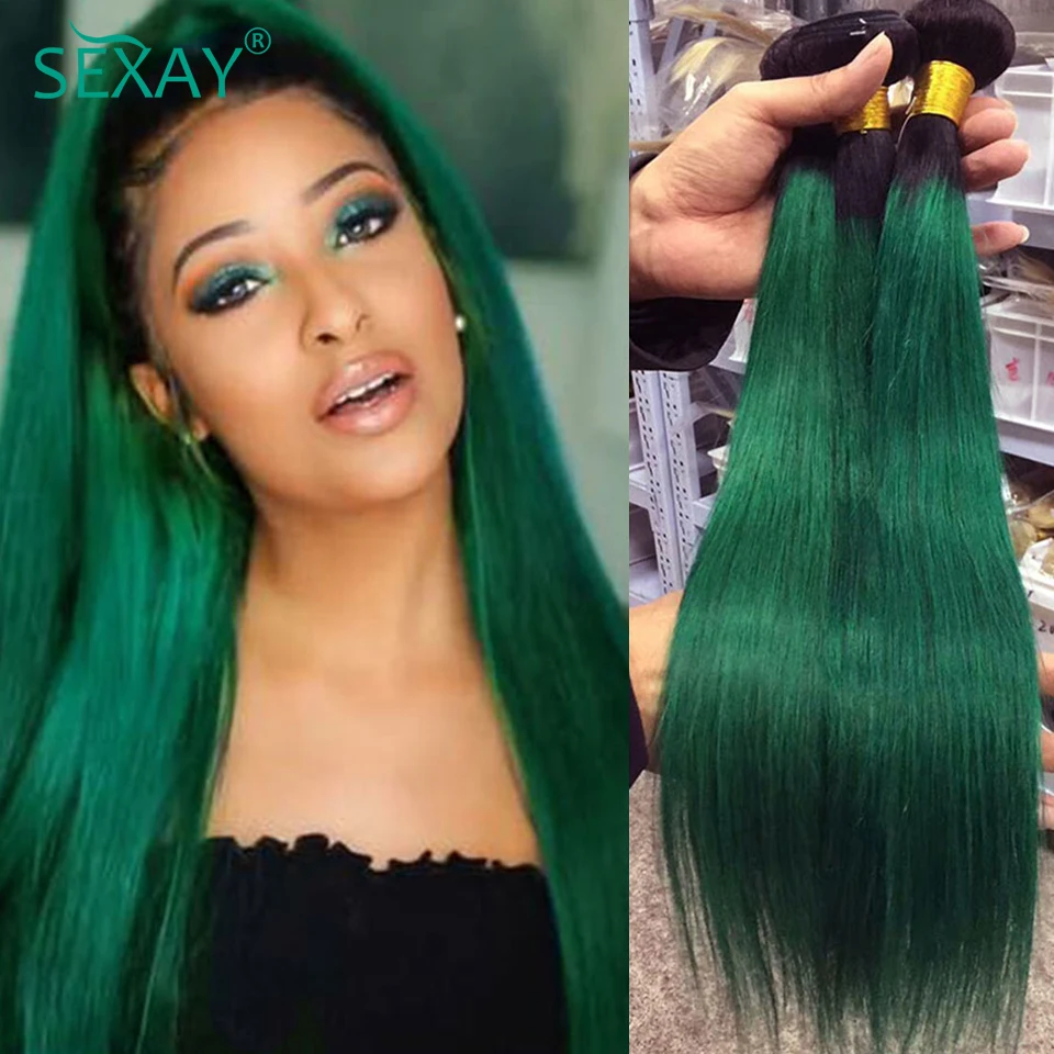 Sexay 1B Emerald Green Human Hair Bundles 3/4 Pcs Lot Pre Colored Ombre Teal Turquoise Straight Human Hair Weave Bundles