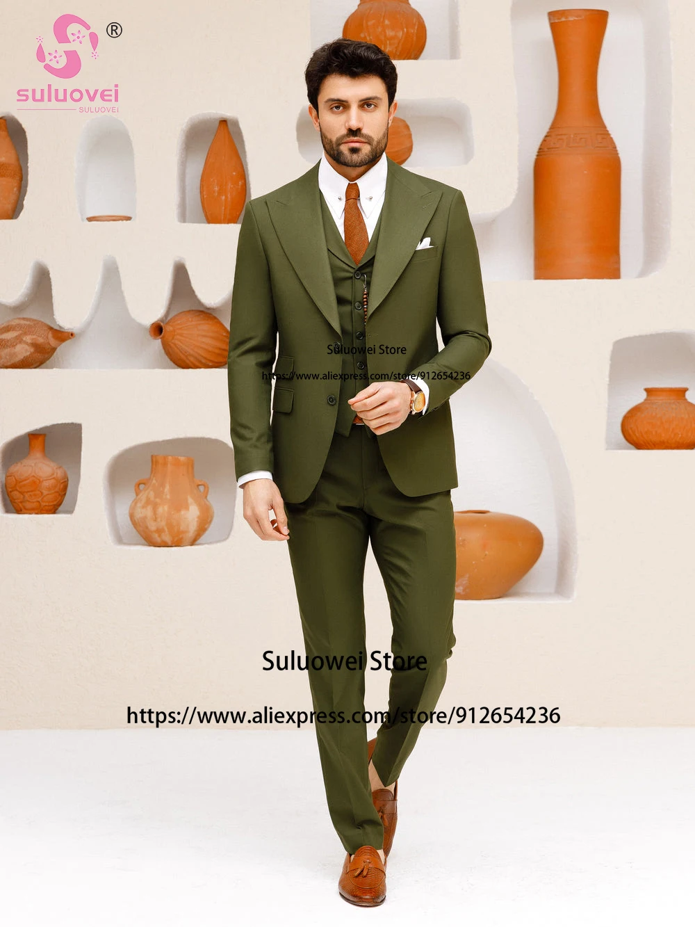 Fashion Wedding Suits For Men Slim Fit 3 piece Pants Set Groom Party Prom Peaked Lapel Tuxedo Blazer Trajes Elegante Para Hombre