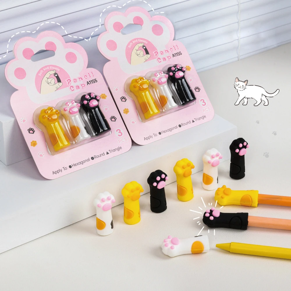 3Pcs Creativity Cat Paw Pencil Cap Set Silicone Soft Touch Pen Cover Pencil Protective Cover Student Gift Stationery