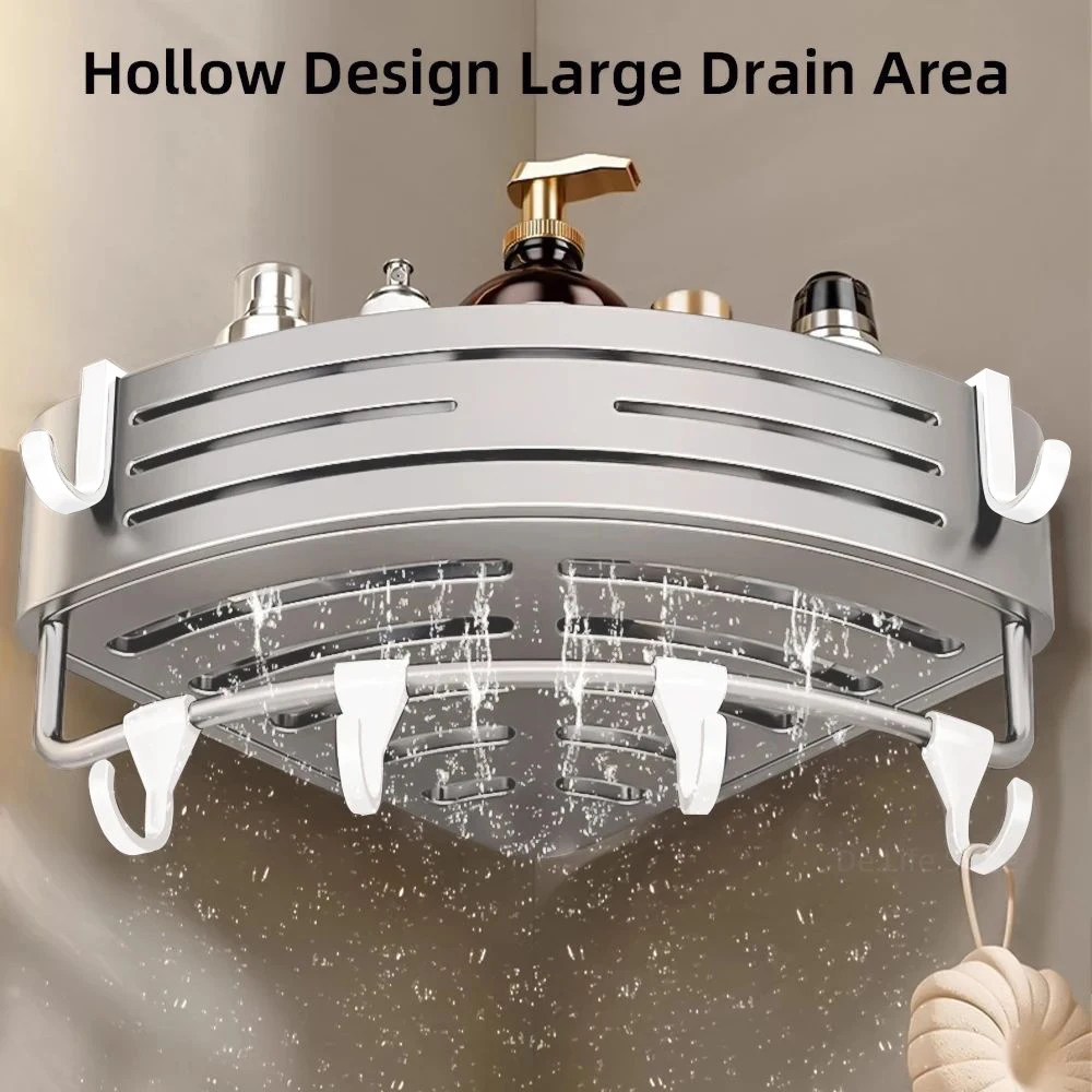 1-2PCS Shower Corner Shelf with Towel Bar Hook Space Aluminum Bathroom Shelf Without Drilling Shampoo Holder Bathroom Accessorie 4