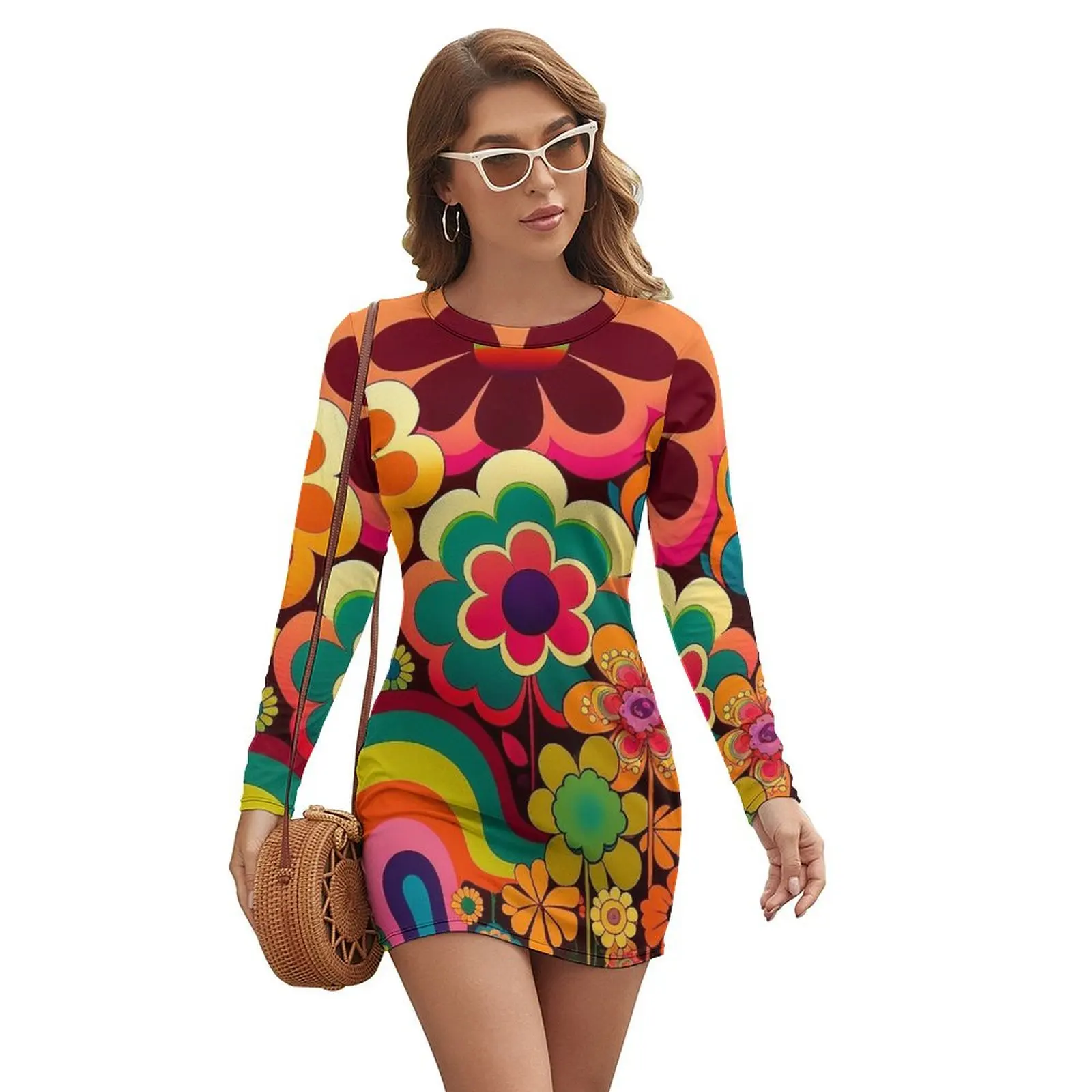 

1970s Flower Art Design Long-sleeved Dress Casual dresses Dresses gala Summer dresses for women