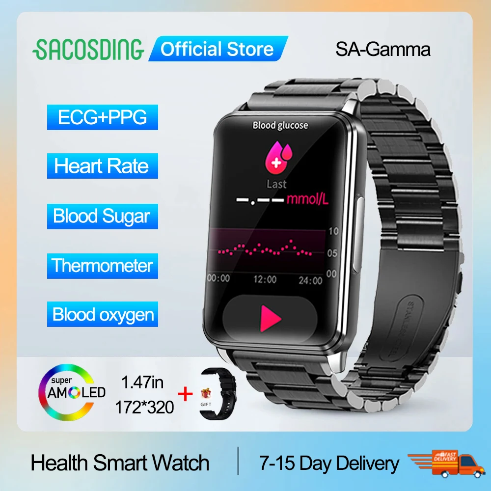 2023 New Blood Glucose Blood Oxygen Smart Watch Men ECG+PPG+HRV Full Touch Screen Sport Fitness