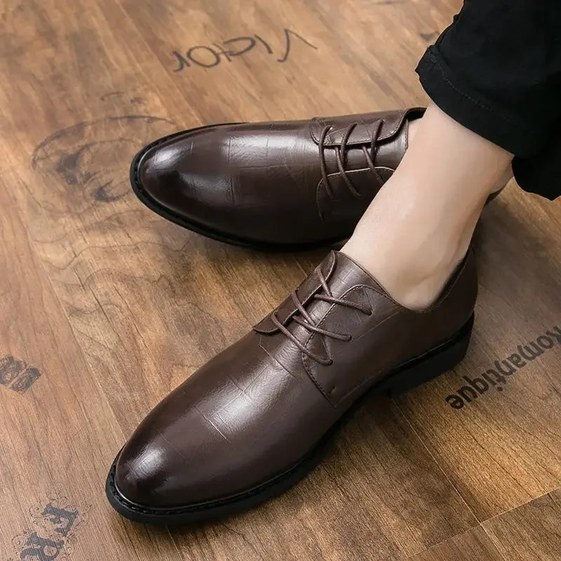 

Genuine Leather Men's Formal Wear Shoes High Heels Zipper Retro Patchwork Solid Color Pointed Black Brand Wedding Shoes