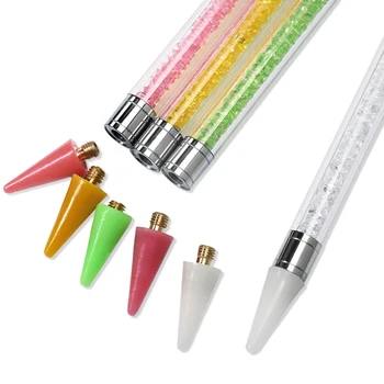 7colors Nails Art Brush Manicure Double Head Point Drill Pen Silicone Head Rhinestone Picker Wax Pencil Dot Painting Point Tools