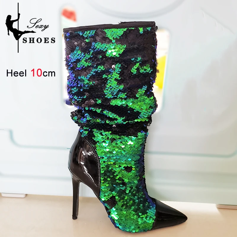Fashion Women Sequined Ankle Boots 10CM Thin Heel Party Woman Shoes Big Size Pointed Toe Short Boot Zip High Heels Female Botas