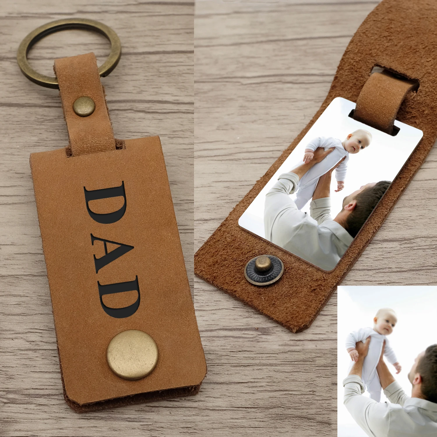 Personalised Dad Photo Keyring Leather Photo Keychain Father's Day Daddy Gift Picture Keyring Engraved Keychain For His Her ddlg leather collar sticker diamond love daddy shiny gold powder pu necklace