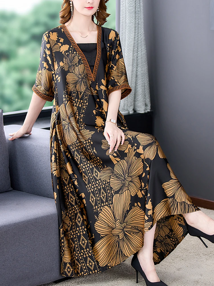 SummerBlackFloralSilkMidiDressWomenFakeTwoPieceElegantLoose