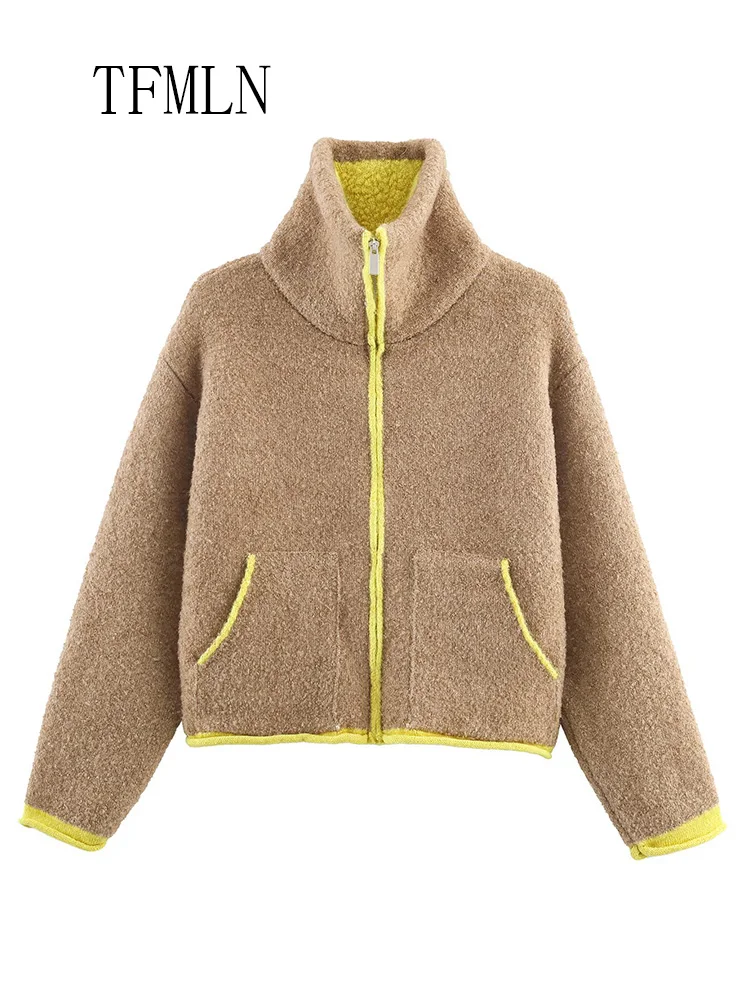 Fashion Women Knitted Sweater 2025 Autumn Winter Chic Causal Zipper Pockets Warm Overall Tops Retro Loose Stand Cardigan Tops