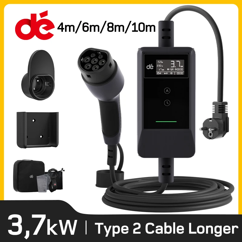 dé EV Charger Type2 16A 3,7kW More Longer Type 2 Charging Cable 6m 8m 10m Schuko Plug LCD Screen with Wall Mounting Bracket