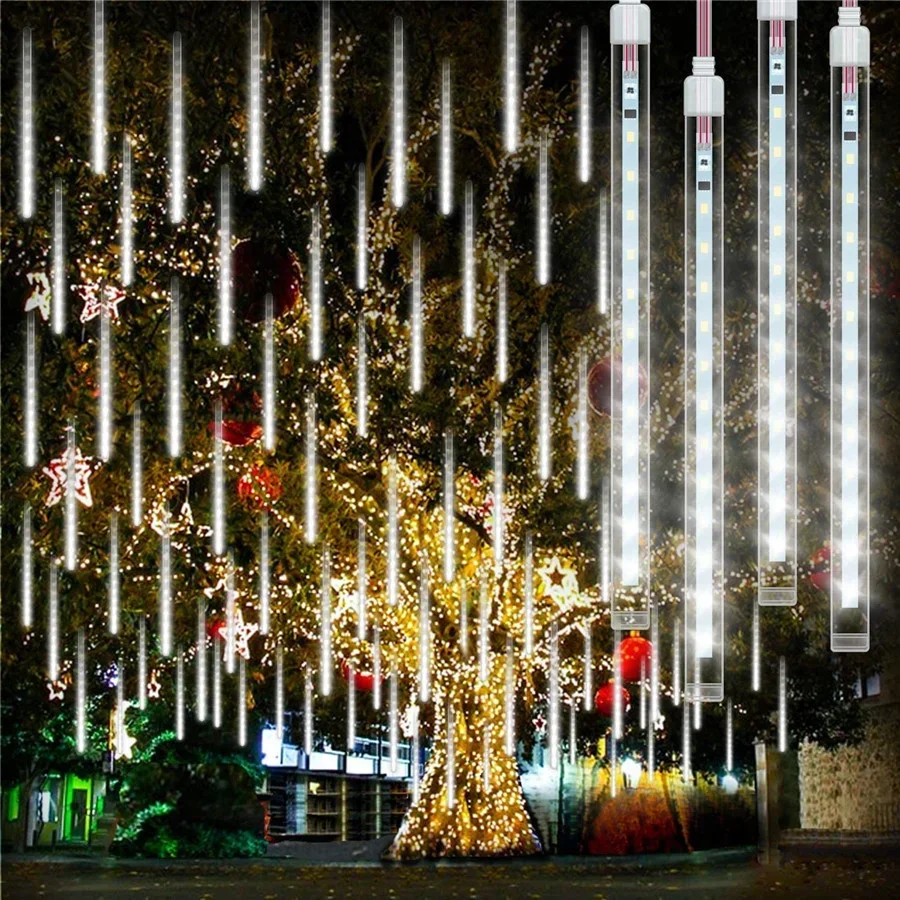 Christmas Meteor Shower Light Outdoor 50Cm 8 Tubi 288 Led Icicle Light Impermeabile Hanging Falling Rain Light Per La Decorazione Dell'Albero