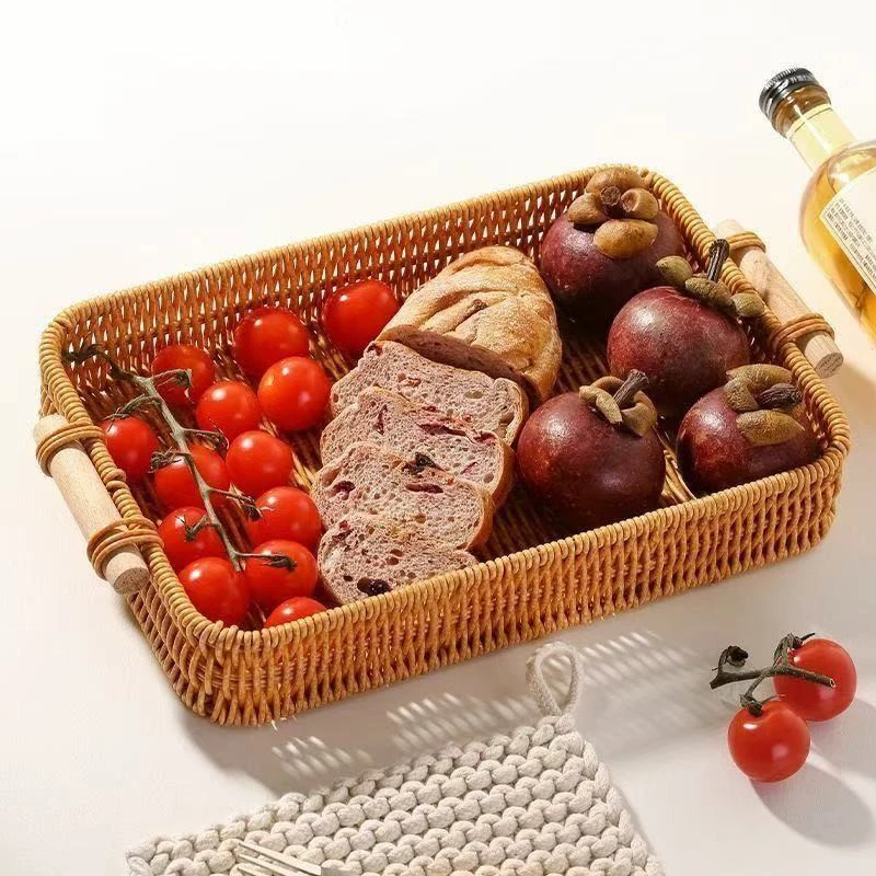 Handwoven Rectangular Plastic Serving Trays with Handles, Woven Wicker Bread Fruit Snacks Food Serving Baskets for Home Kitchen 3