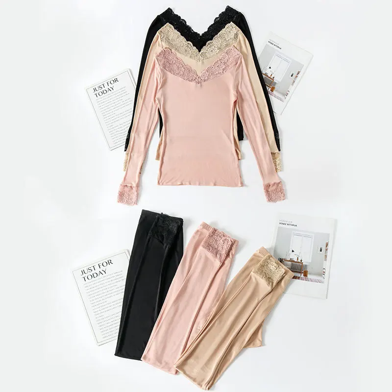 sexy silk women v neck thermal underwear set base layer woman inner wear sets warm winter clothes long johns womens shirt top 2