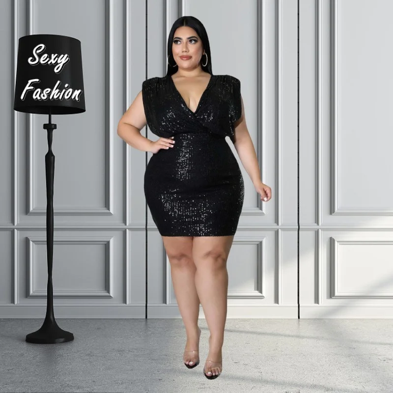 

XL-5XL Sexy Club Party Dresses for Women Clothing Plus Size Sleeveless Deep V Neck Sequins Bodycon Elegant Mini Dress Wholesale