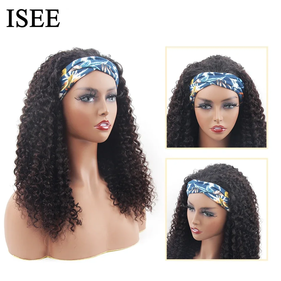 Human hair wigs ISEE Hair Headband Wig Human Hair Kinky Curly Scarf Wigs For Women Brazilian Curly Wigs No Glue No Gel Full Machine
