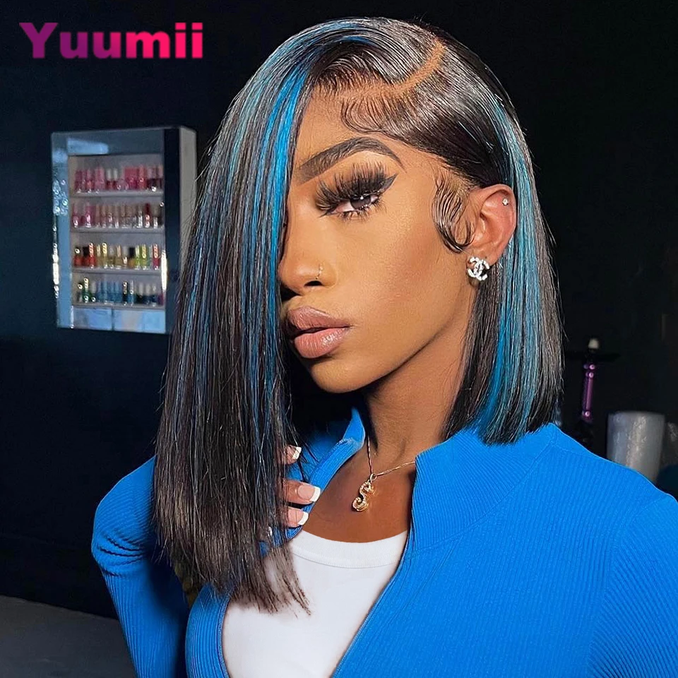 

Blue Highlights Human Hair Lace Frontal Wig Transparent 13x4 Full Lace Front Straight Short Bob Wig for Women Pre Plucked 180